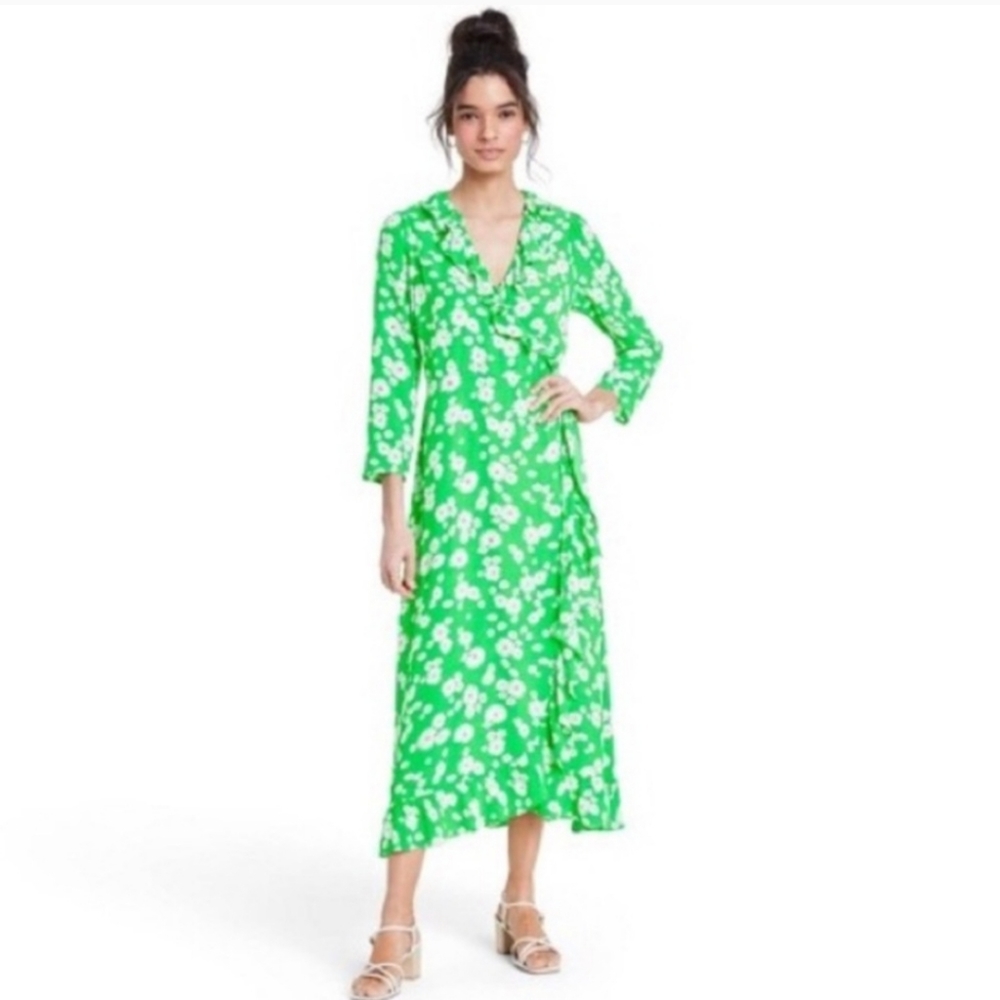 Rixo X Target Green Daisy floral wrap midi dress